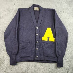 VTG High School Varsity Letterman Wool Cardigan Small/Med Navy Blue Yellow "A"